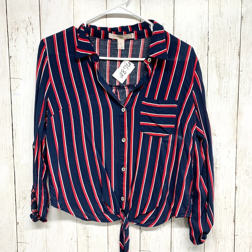 Forever 21 Blouse Women Size Small Stripe Collared Button Down Tie Front Pocket
